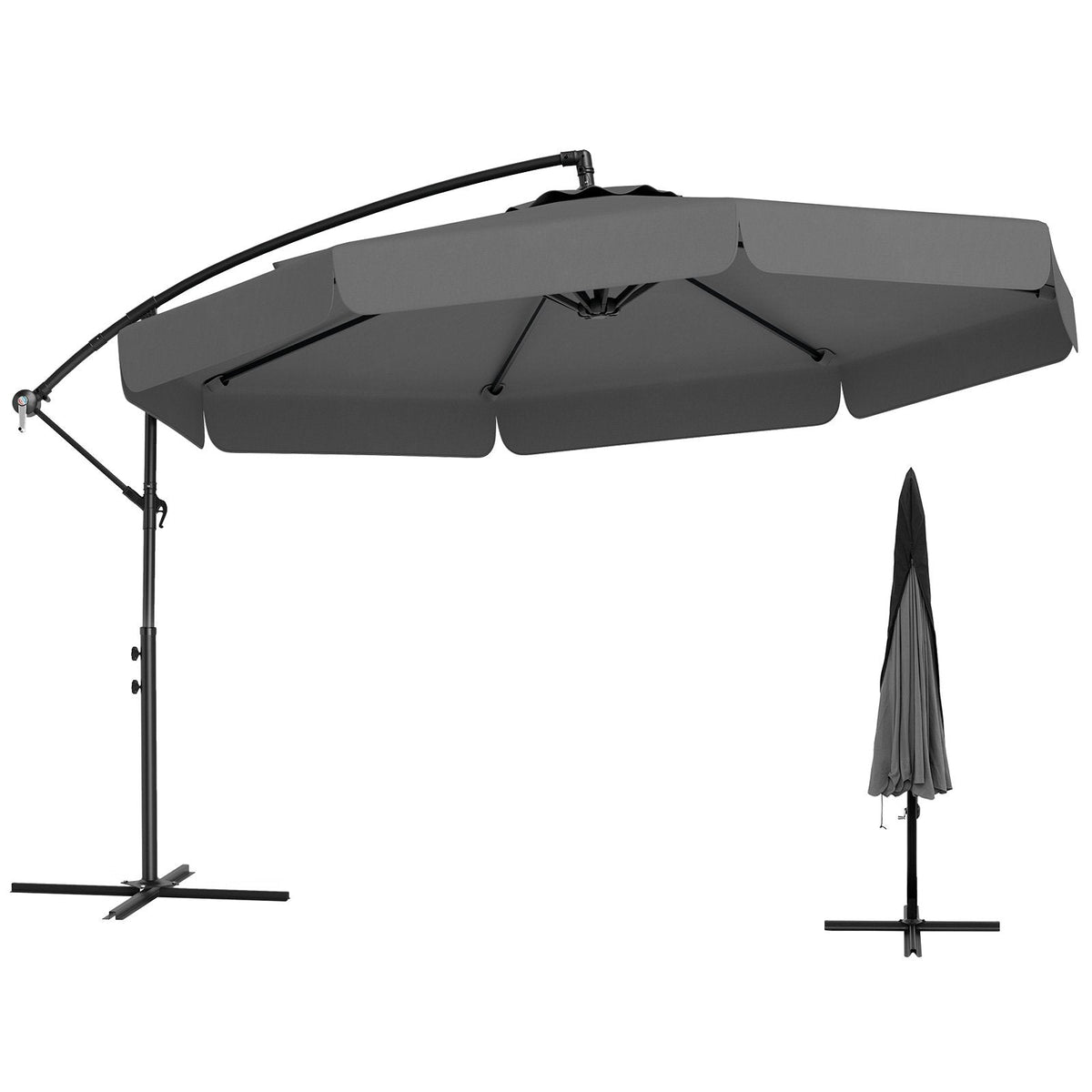 10 Feet Patio Cantilever Umbrella with Cover Tilt Adjustment and Ruffled Edge-Gray