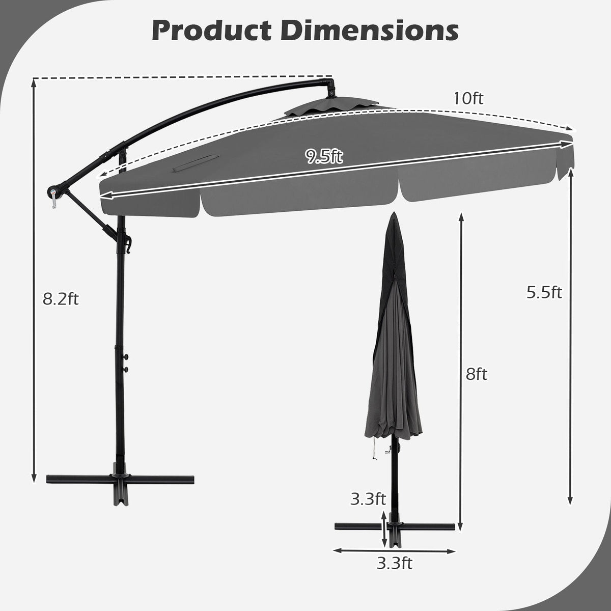 10 Feet Patio Cantilever Umbrella with Cover Tilt Adjustment and Ruffled Edge-Gray