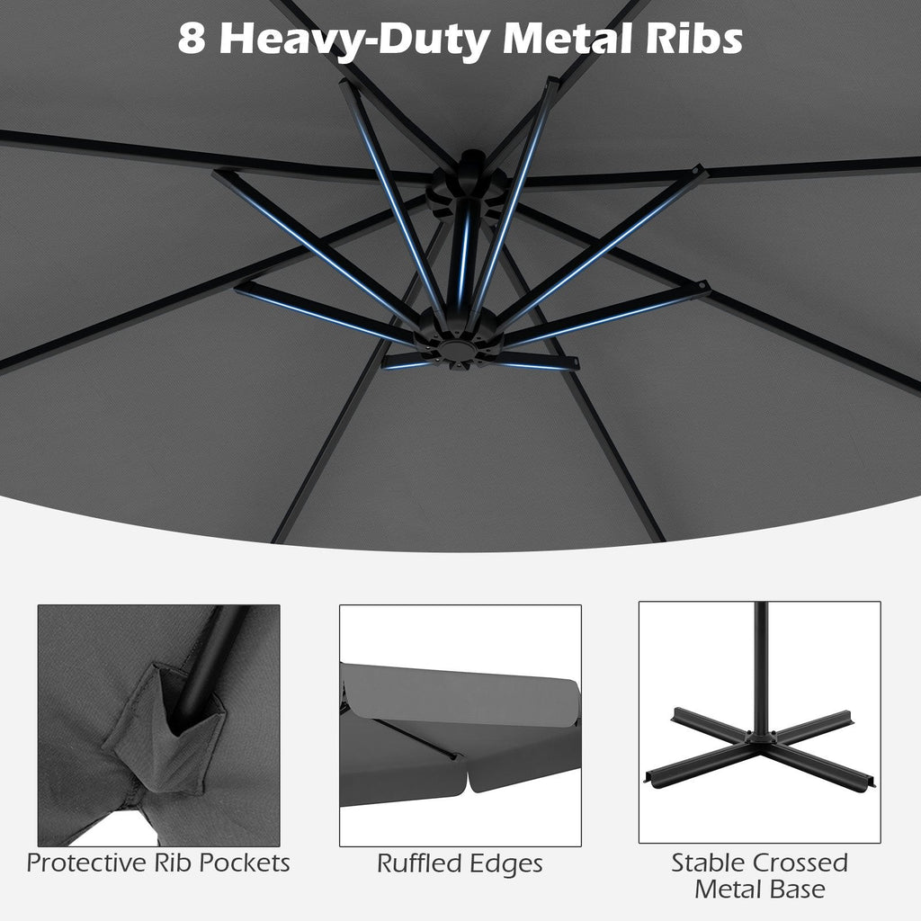 10 Feet Patio Cantilever Umbrella with Cover Tilt Adjustment and Ruffled Edge-Gray