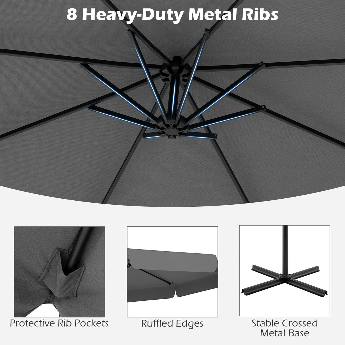 10 Feet Patio Cantilever Umbrella with Cover Tilt Adjustment and Ruffled Edge-Gray