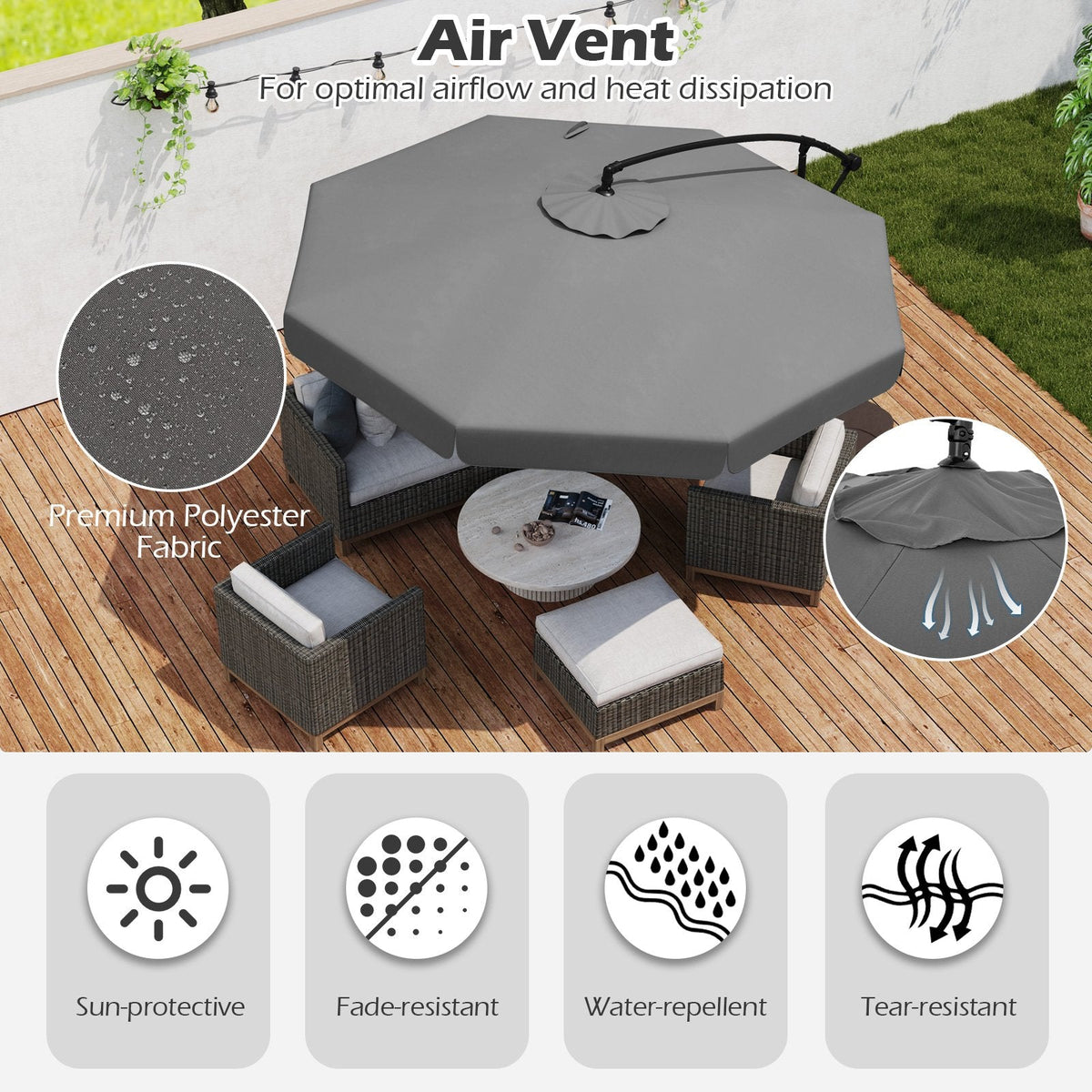 10 Feet Patio Cantilever Umbrella with Cover Tilt Adjustment and Ruffled Edge-Gray