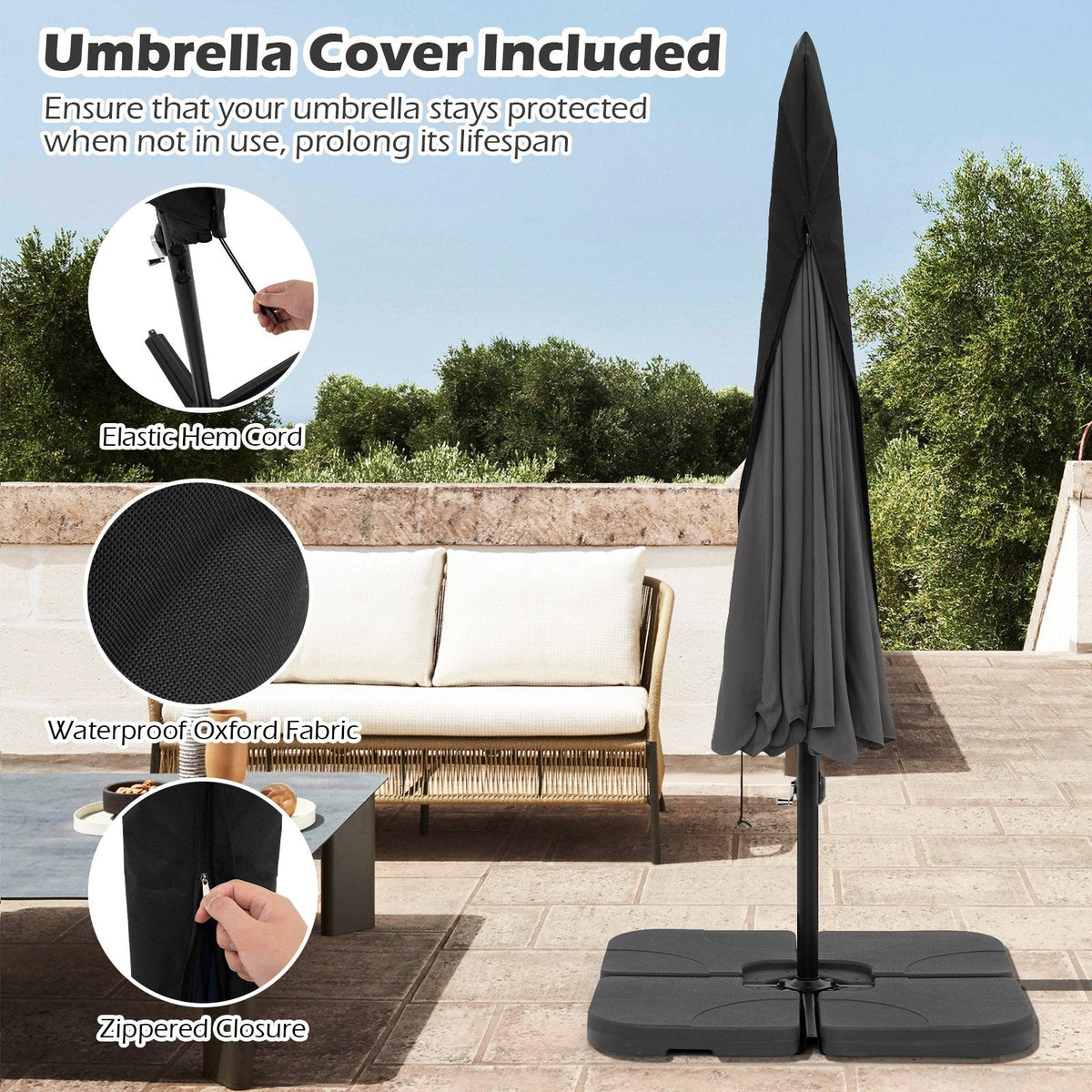 10 Feet Patio Cantilever Umbrella with Cover Tilt Adjustment and Ruffled Edge-Gray