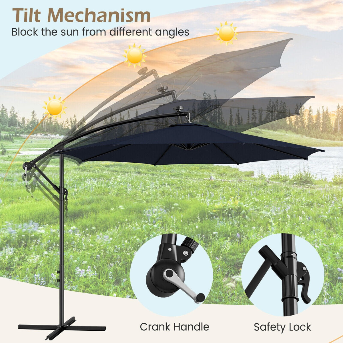 10 Feet Patio Offset Umbrella with 112 Solar-Powered LED Lights-Beige-Navy