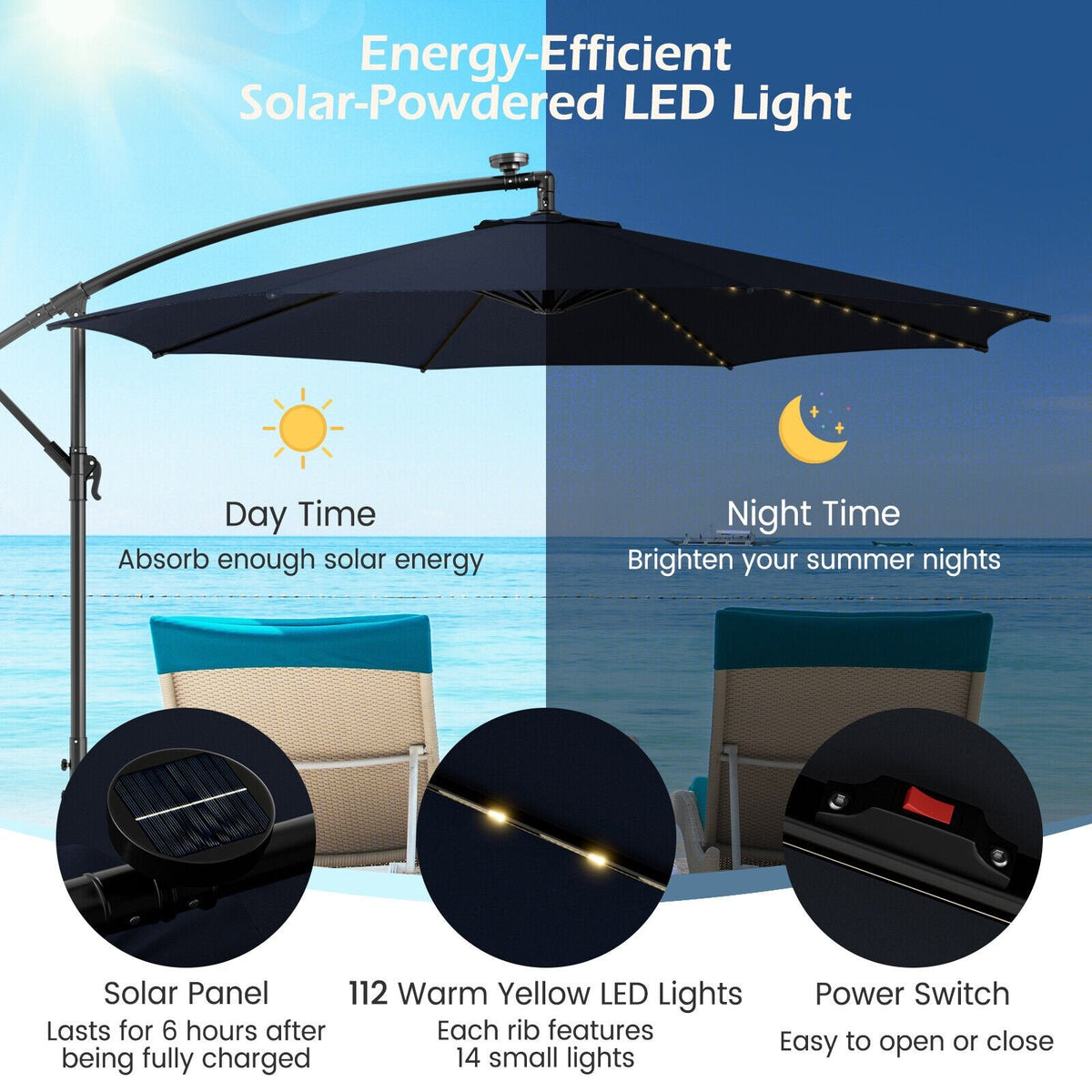 10 Feet Patio Offset Umbrella with 112 Solar-Powered LED Lights-Beige-Navy