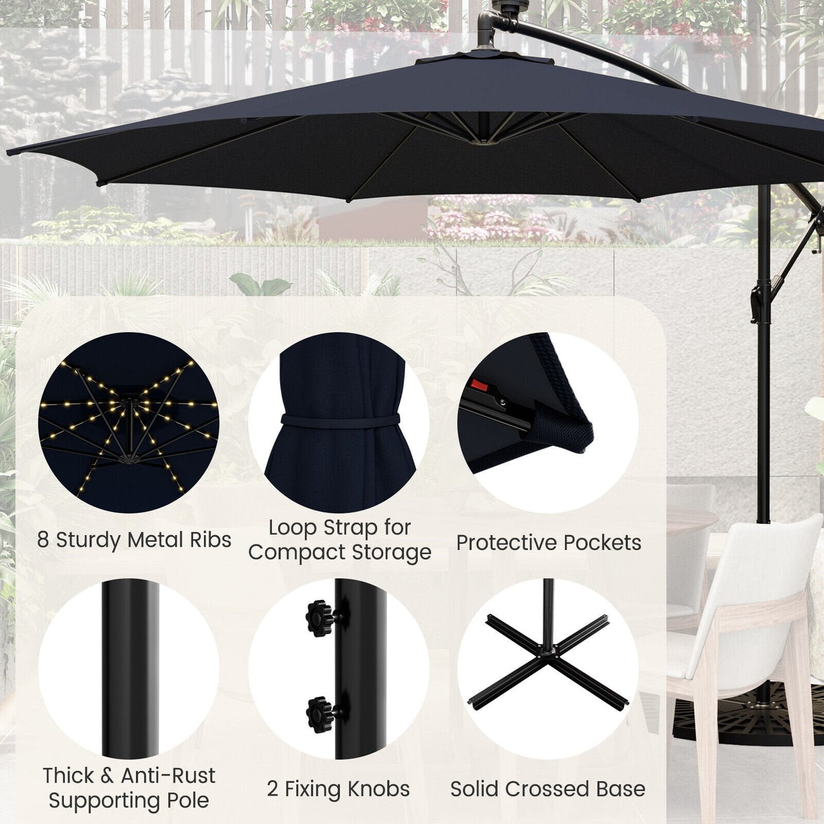 10 Feet Patio Offset Umbrella with 112 Solar-Powered LED Lights-Beige-Navy