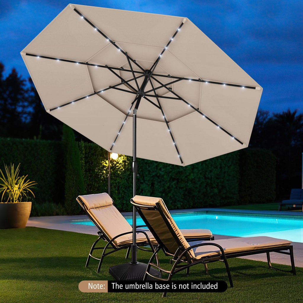 10 Feet Solar Patio Umbrella with 32 LED Lights 3-Tier Vented Top-Beige