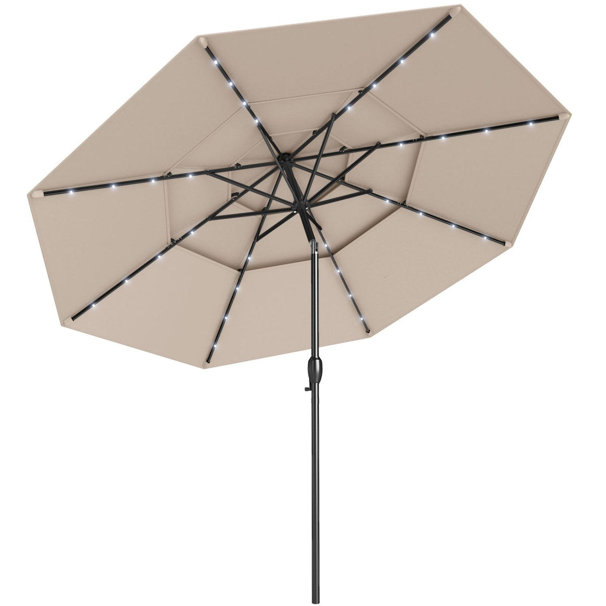 10 Feet Solar Patio Umbrella with 32 LED Lights 3-Tier Vented Top-Beige