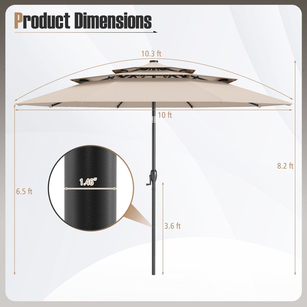 10 Feet Solar Patio Umbrella with 32 LED Lights 3-Tier Vented Top-Beige