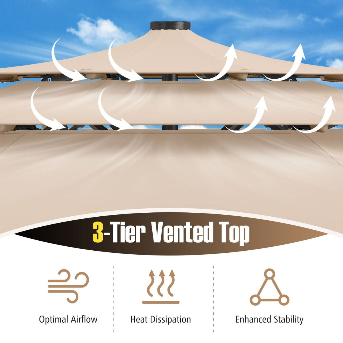 10 Feet Solar Patio Umbrella with 32 LED Lights 3-Tier Vented Top-Beige
