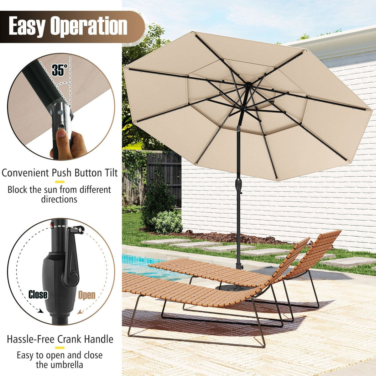 10 Feet Solar Patio Umbrella with 32 LED Lights 3-Tier Vented Top-Beige