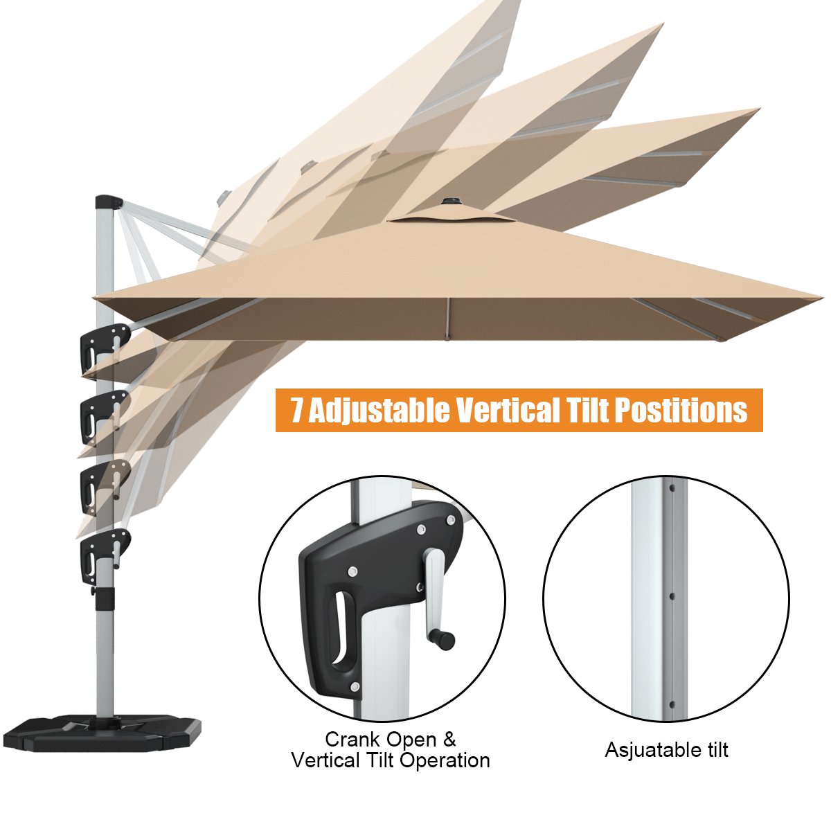 10 ft 360 Degree Tilt Aluminum Square Patio Offset Cantilever Umbrella without Weight Base-Beige