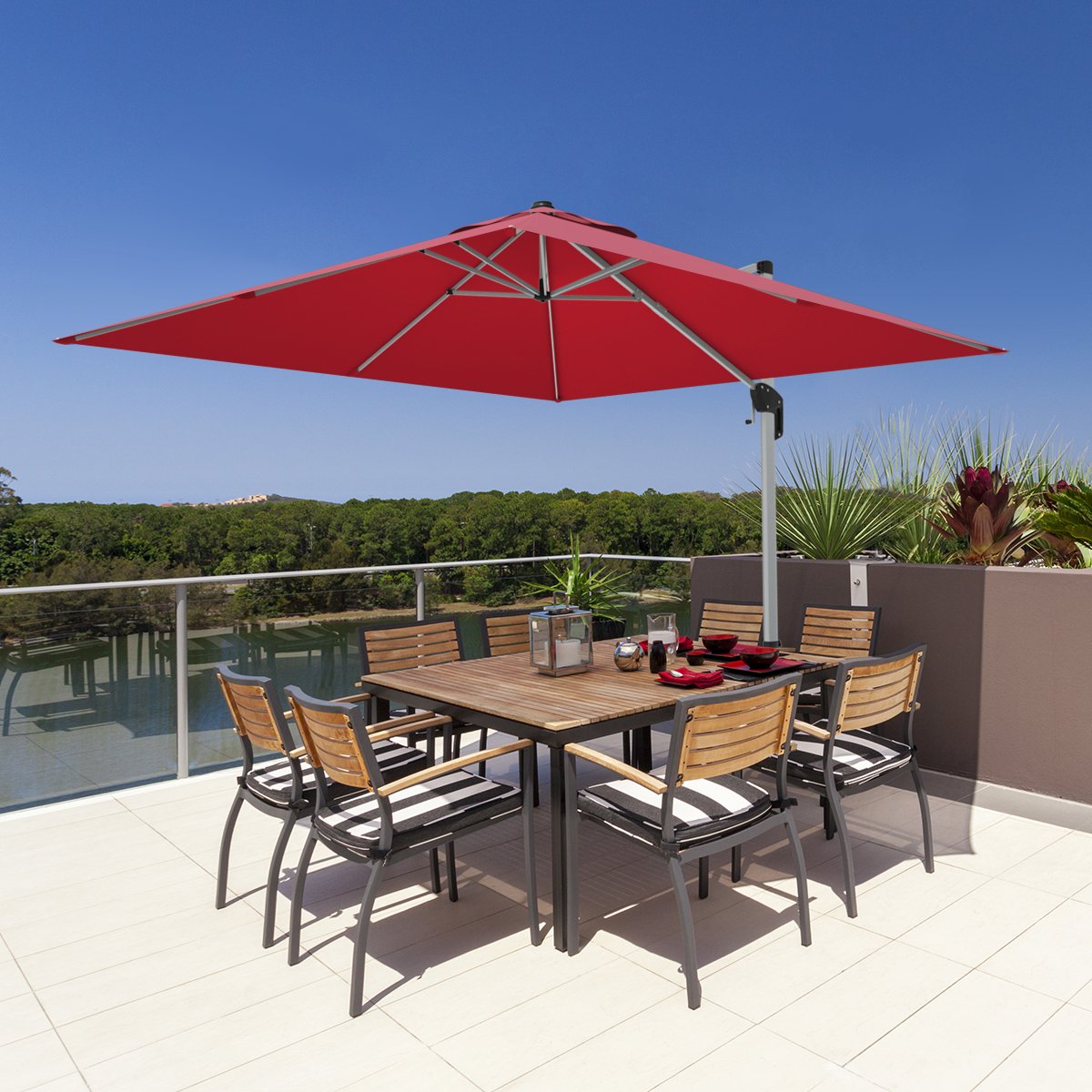 10 ft 360 Degree Tilt Aluminum Square Patio Offset Cantilever Umbrella without Weight Base-Burgundy