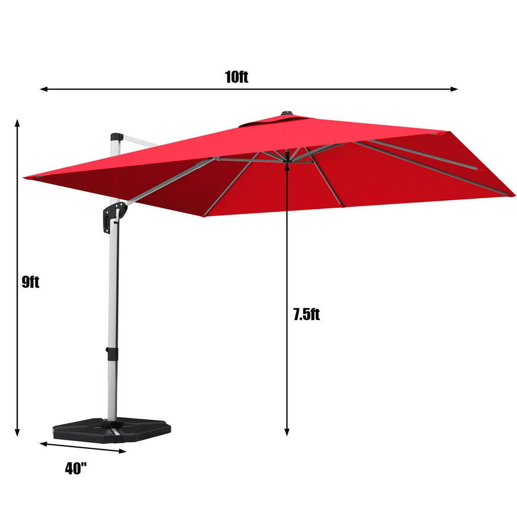 10 ft 360 Degree Tilt Aluminum Square Patio Offset Cantilever Umbrella without Weight Base-Burgundy