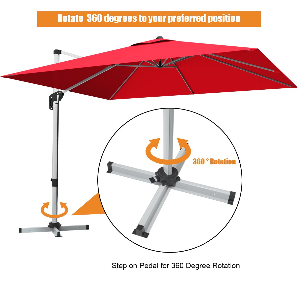 10 ft 360 Degree Tilt Aluminum Square Patio Offset Cantilever Umbrella without Weight Base-Burgundy