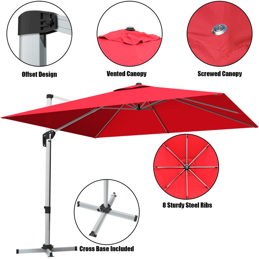 10 ft 360 Degree Tilt Aluminum Square Patio Offset Cantilever Umbrella without Weight Base-Burgundy