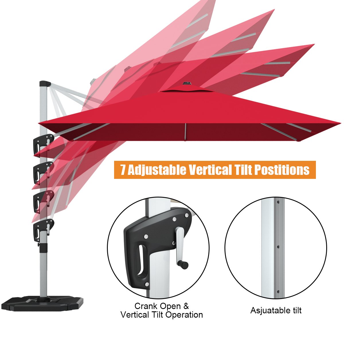 10 ft 360 Degree Tilt Aluminum Square Patio Offset Cantilever Umbrella without Weight Base-Burgundy