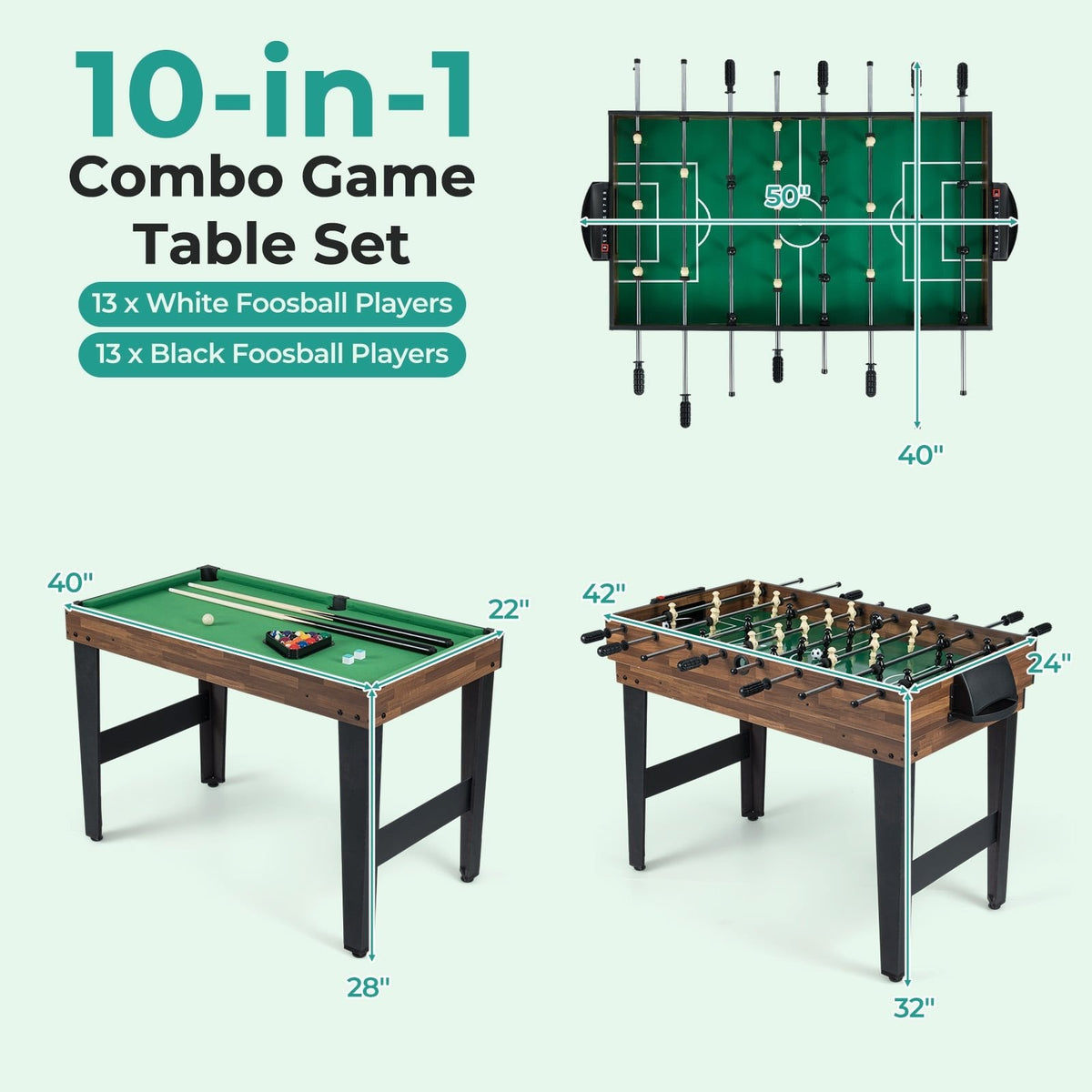 10-in-1 Combo Game Table Set 50inch Multi-Game Table with Foosball-Brown