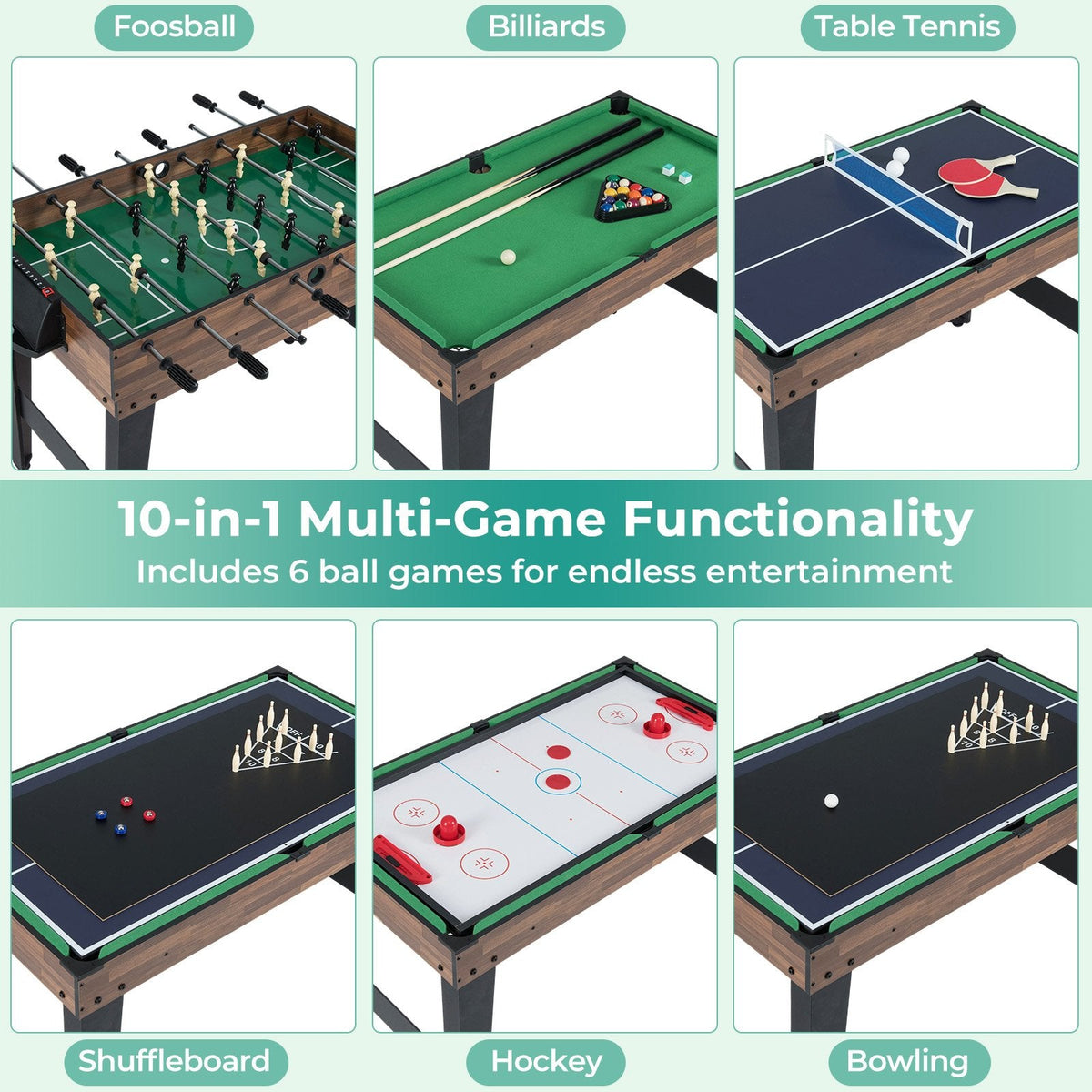 10-in-1 Combo Game Table Set 50inch Multi-Game Table with Foosball-Brown