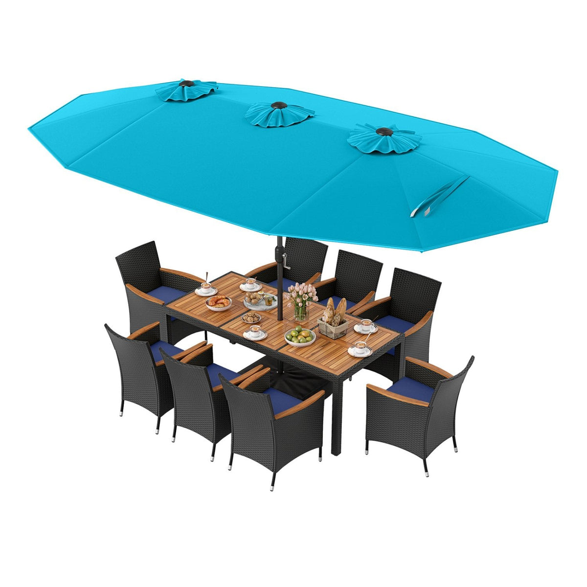 10 Piece Outdoor Patio Dining Set, 15 FT Double-Sided Twin Umbrella, 8 Stackable Rattan Chairs and Acacia Wood Table, Turquoise