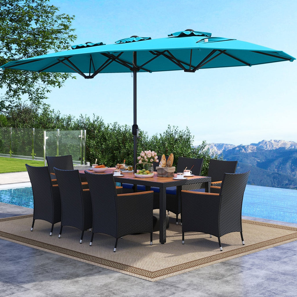 10 Piece Outdoor Patio Dining Set, 15 FT Double-Sided Twin Umbrella, 8 Stackable Rattan Chairs and Acacia Wood Table, Turquoise