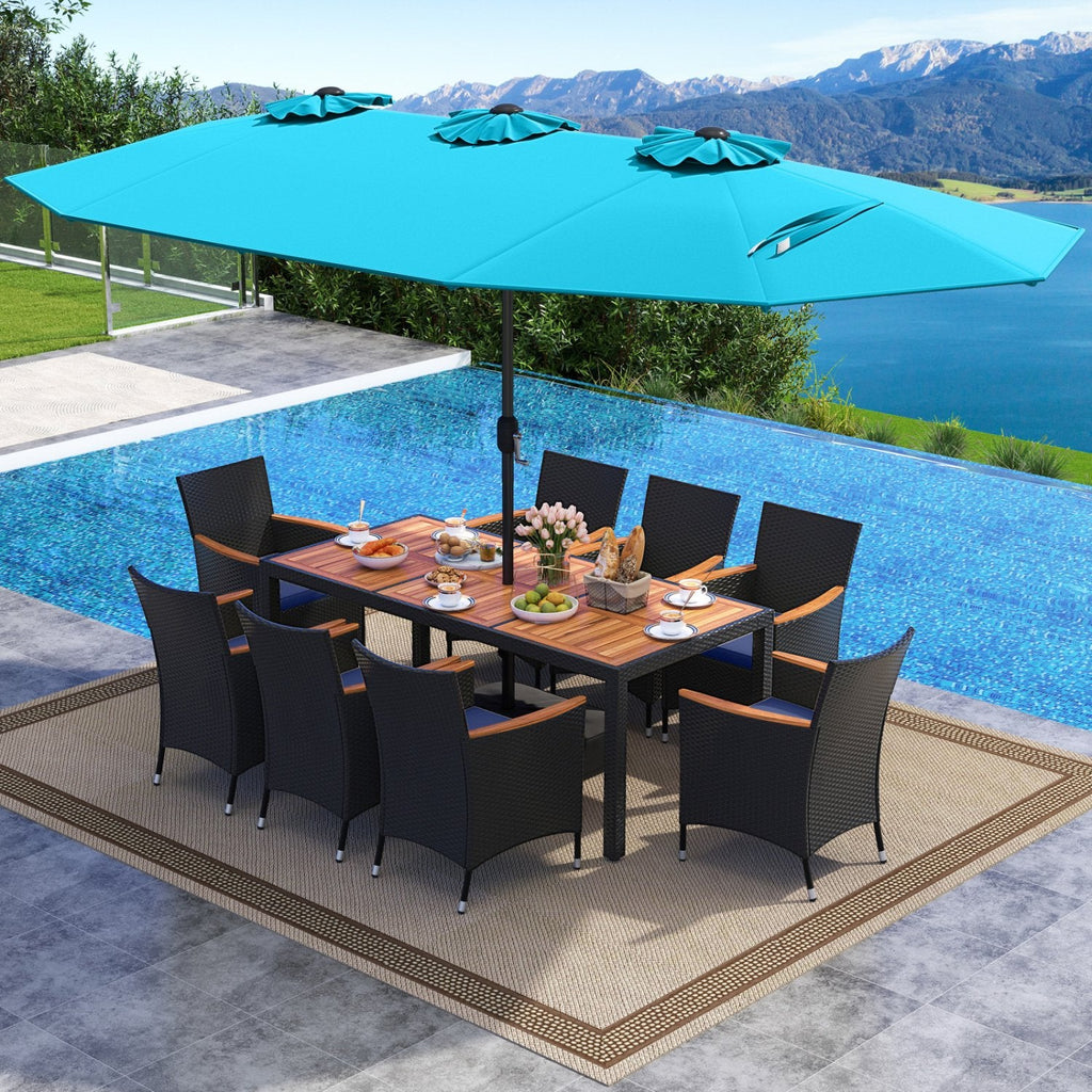 10 Piece Outdoor Patio Dining Set, 15 FT Double-Sided Twin Umbrella, 8 Stackable Rattan Chairs and Acacia Wood Table, Turquoise