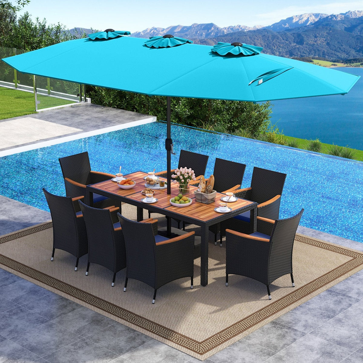 10 Piece Outdoor Patio Dining Set, 15 FT Double-Sided Twin Umbrella, 8 Stackable Rattan Chairs and Acacia Wood Table, Turquoise
