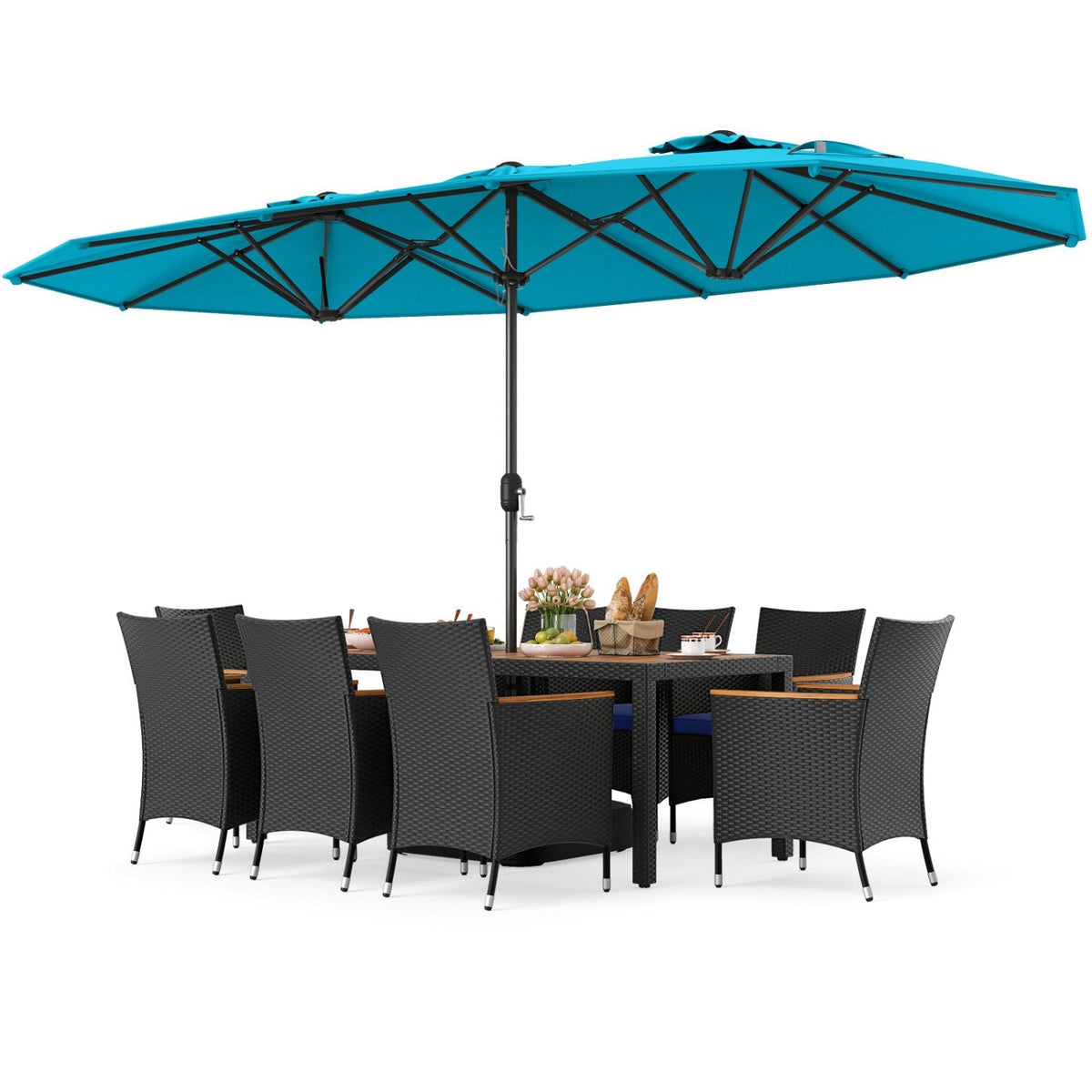 10 Piece Outdoor Patio Dining Set, 15 FT Double-Sided Twin Umbrella, 8 Stackable Rattan Chairs and Acacia Wood Table, Turquoise