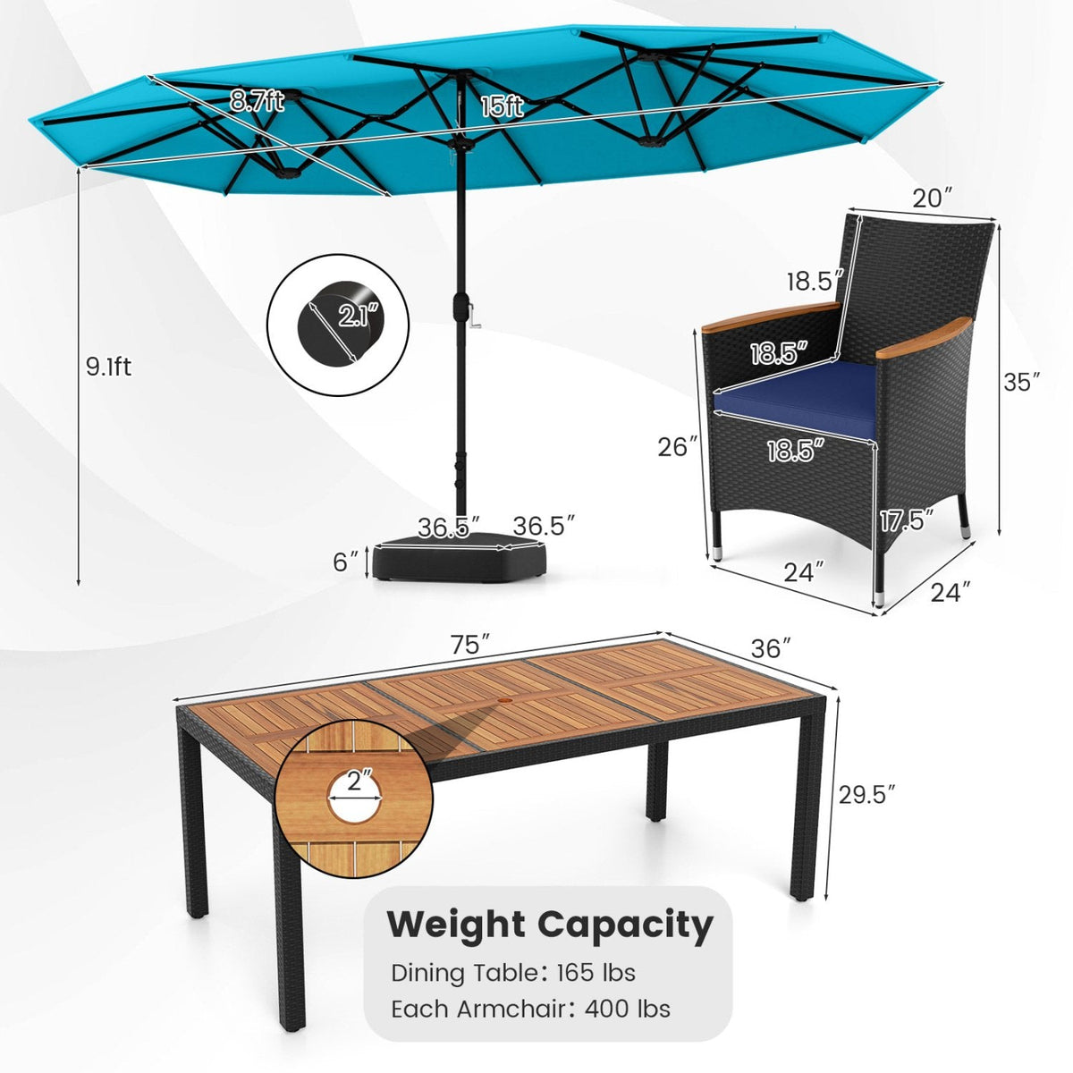 10 Piece Outdoor Patio Dining Set, 15 FT Double-Sided Twin Umbrella, 8 Stackable Rattan Chairs and Acacia Wood Table, Turquoise