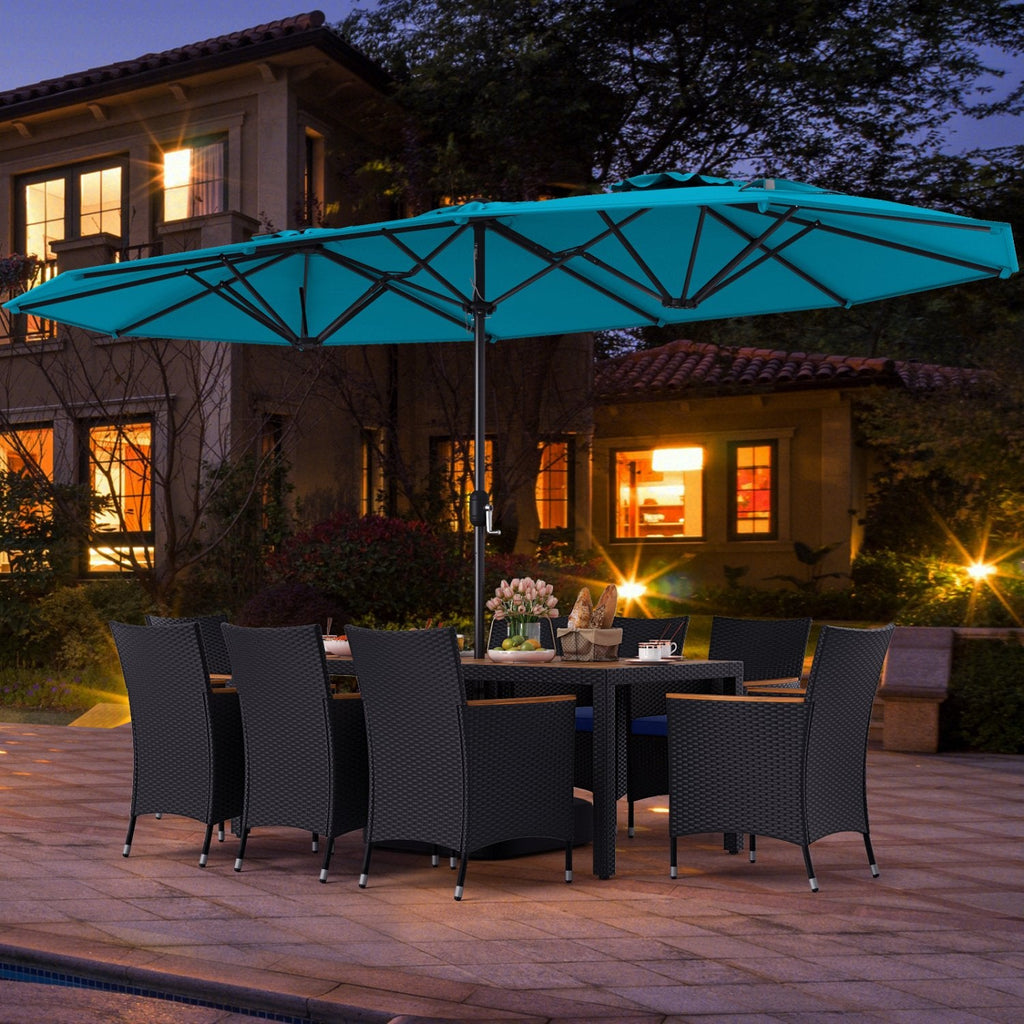 10 Piece Outdoor Patio Dining Set, 15 FT Double-Sided Twin Umbrella, 8 Stackable Rattan Chairs and Acacia Wood Table, Turquoise