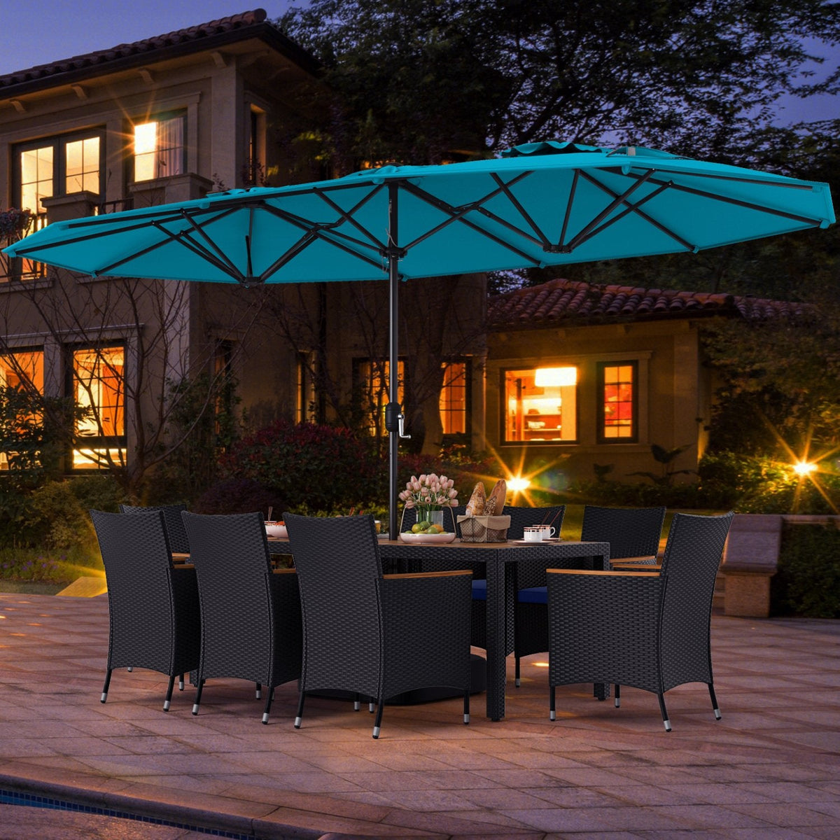 10 Piece Outdoor Patio Dining Set, 15 FT Double-Sided Twin Umbrella, 8 Stackable Rattan Chairs and Acacia Wood Table, Turquoise