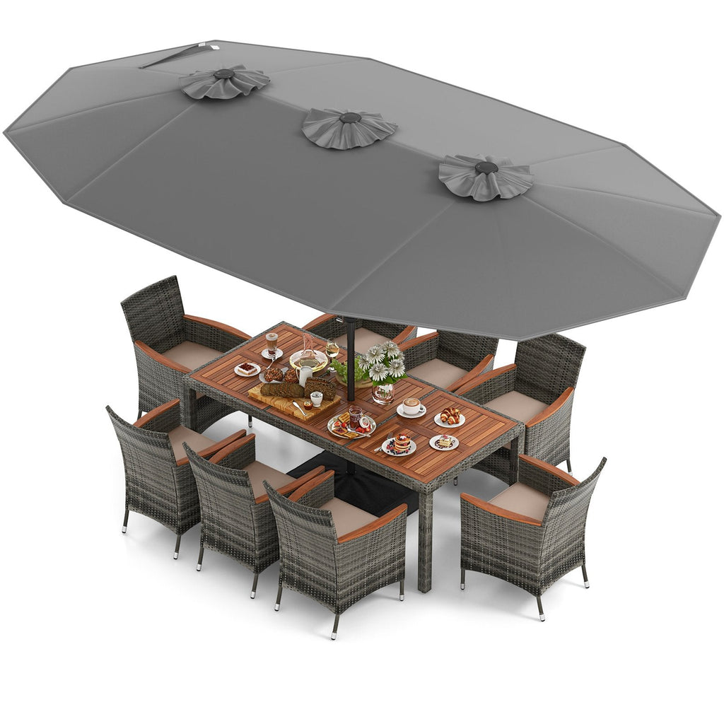 10 Piece Grey Wicker Patio Dining Set with 15 FT Double-Sided Umbrella, 75 Inch Acacia Topped Table and 8 Armchairs