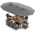 10 Piece Grey Wicker Patio Dining Set with 15 FT Double-Sided Umbrella, 75 Inch Acacia Topped Table and 8 Armchairs