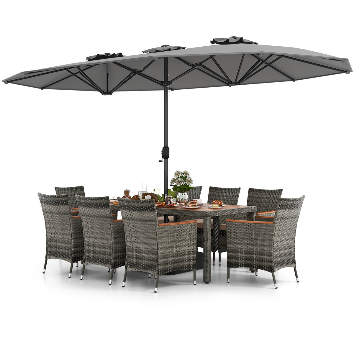 10 Piece Grey Wicker Patio Dining Set with 15 FT Double-Sided Umbrella, 75 Inch Acacia Topped Table and 8 Armchairs