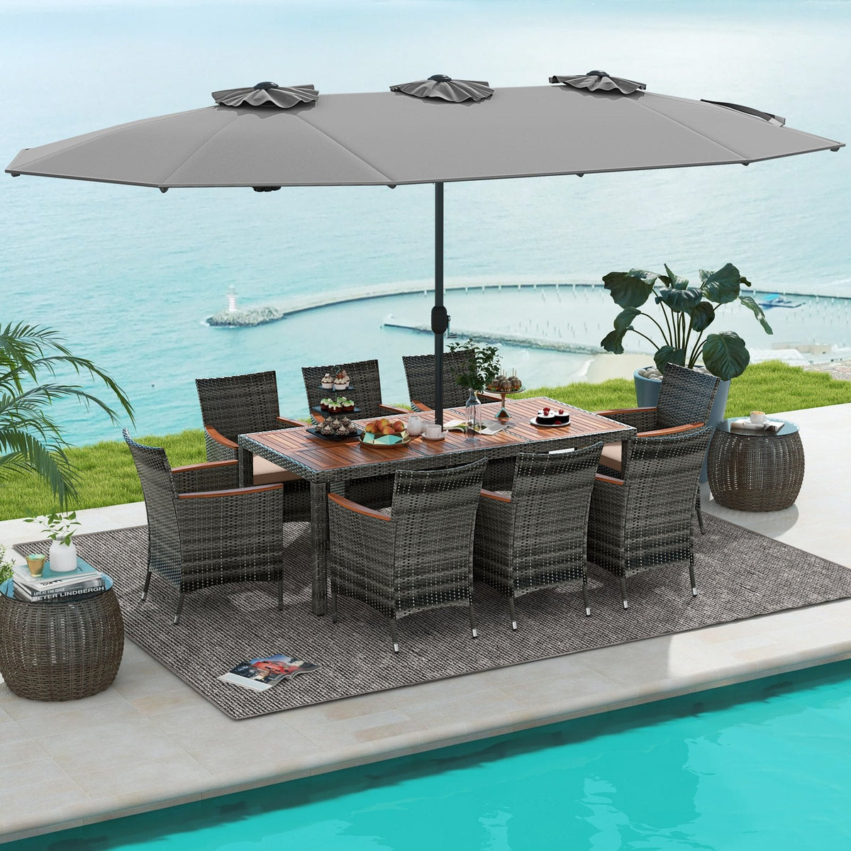 10 Piece Grey Wicker Patio Dining Set with 15 FT Double-Sided Umbrella, 75 Inch Acacia Topped Table and 8 Armchairs