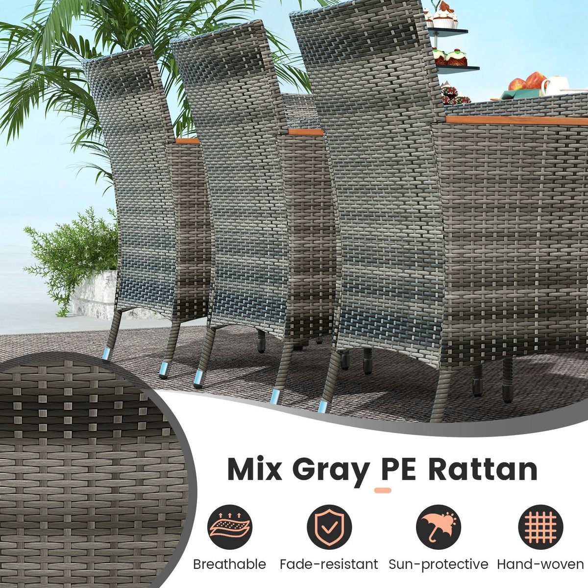 10 Piece Grey Wicker Patio Dining Set with 15 FT Double-Sided Umbrella, 75 Inch Acacia Topped Table and 8 Armchairs