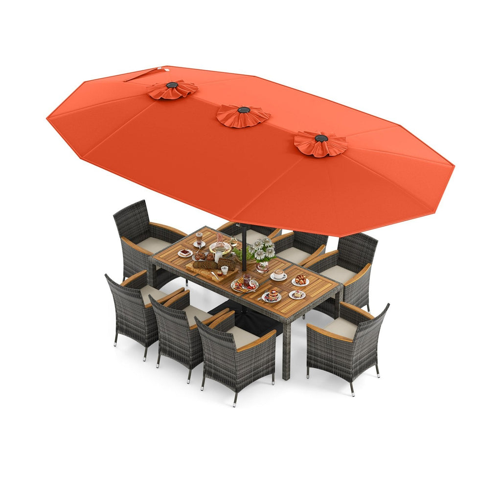 10 Piece Patio Wicker Dining Set with 15 FT Double-Sided Orange Umbrella, 75 Inch Acacia Table and 8 Armchairs