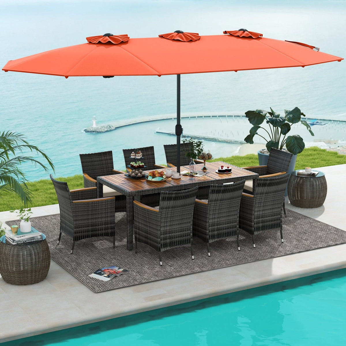 10 Piece Patio Wicker Dining Set with 15 FT Double-Sided Orange Umbrella, 75 Inch Acacia Table and 8 Armchairs