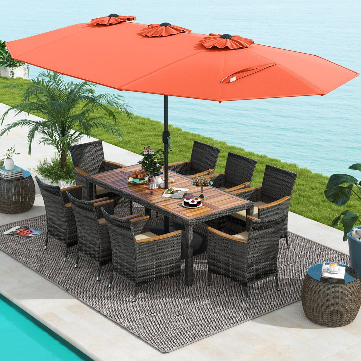 10 Piece Patio Wicker Dining Set with 15 FT Double-Sided Orange Umbrella, 75 Inch Acacia Table and 8 Armchairs