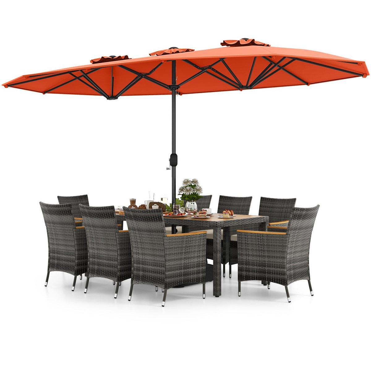 10 Piece Patio Wicker Dining Set with 15 FT Double-Sided Orange Umbrella, 75 Inch Acacia Table and 8 Armchairs