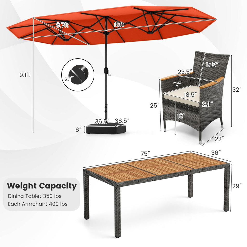 10 Piece Patio Wicker Dining Set with 15 FT Double-Sided Orange Umbrella, 75 Inch Acacia Table and 8 Armchairs