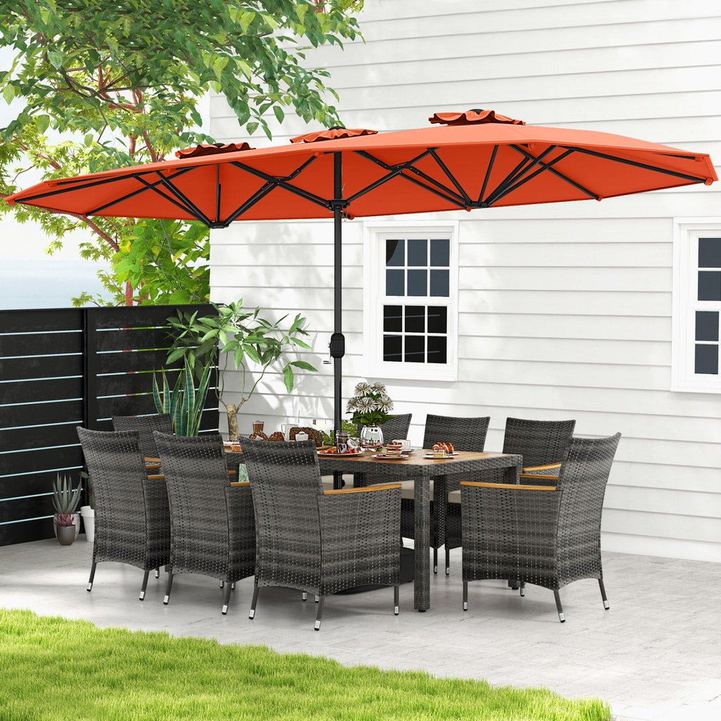 10 Piece Patio Wicker Dining Set with 15 FT Double-Sided Orange Umbrella, 75 Inch Acacia Table and 8 Armchairs