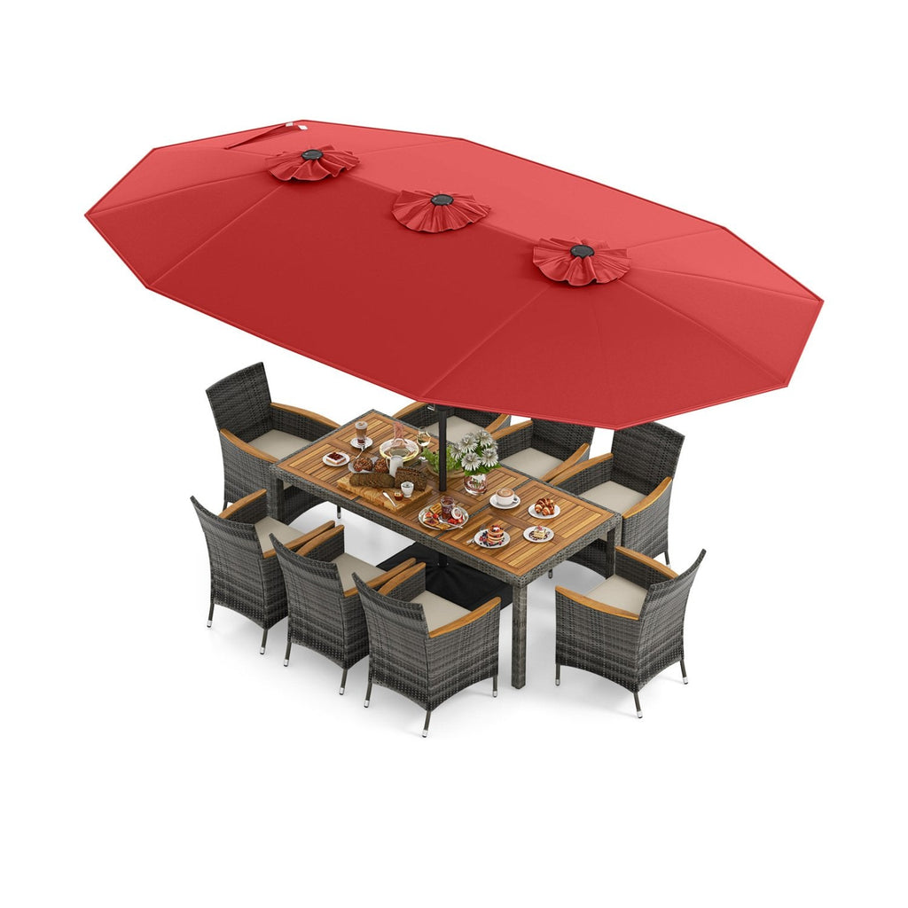 10 Piece Patio Wicker Dining Set with 15 FT Air Vented Red Umbrella, 75 Inch Acacia Table and 8 Cushioned Armchairs