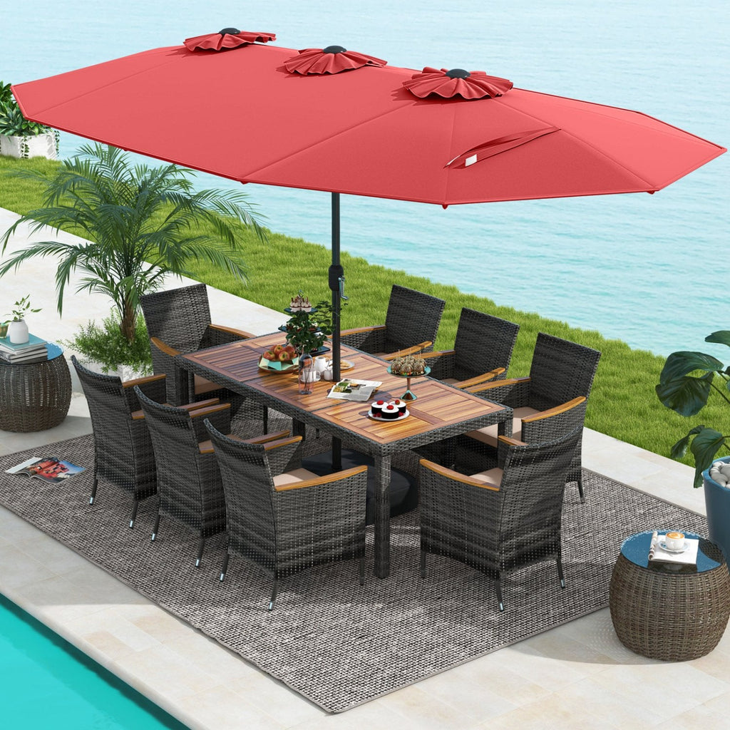 10 Piece Patio Wicker Dining Set with 15 FT Air Vented Red Umbrella, 75 Inch Acacia Table and 8 Cushioned Armchairs