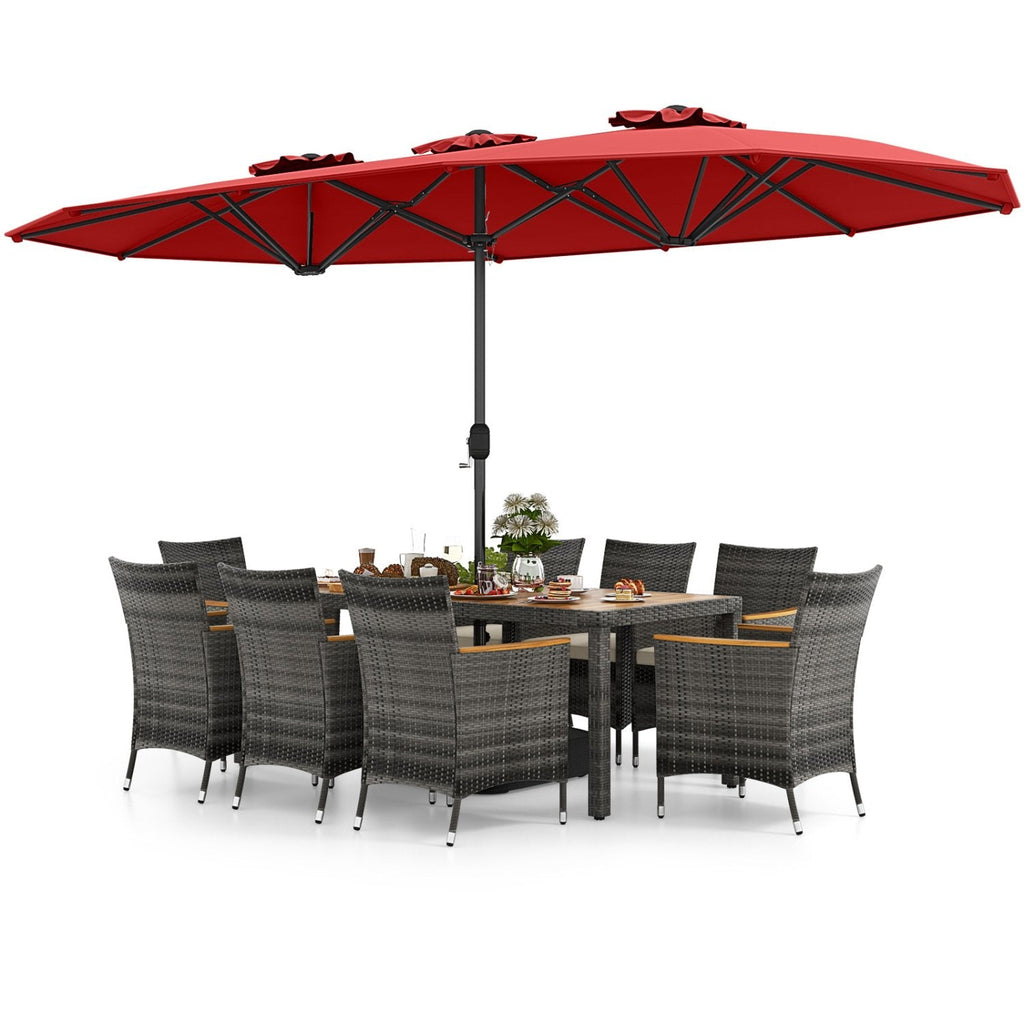 10 Piece Patio Wicker Dining Set with 15 FT Air Vented Red Umbrella, 75 Inch Acacia Table and 8 Cushioned Armchairs