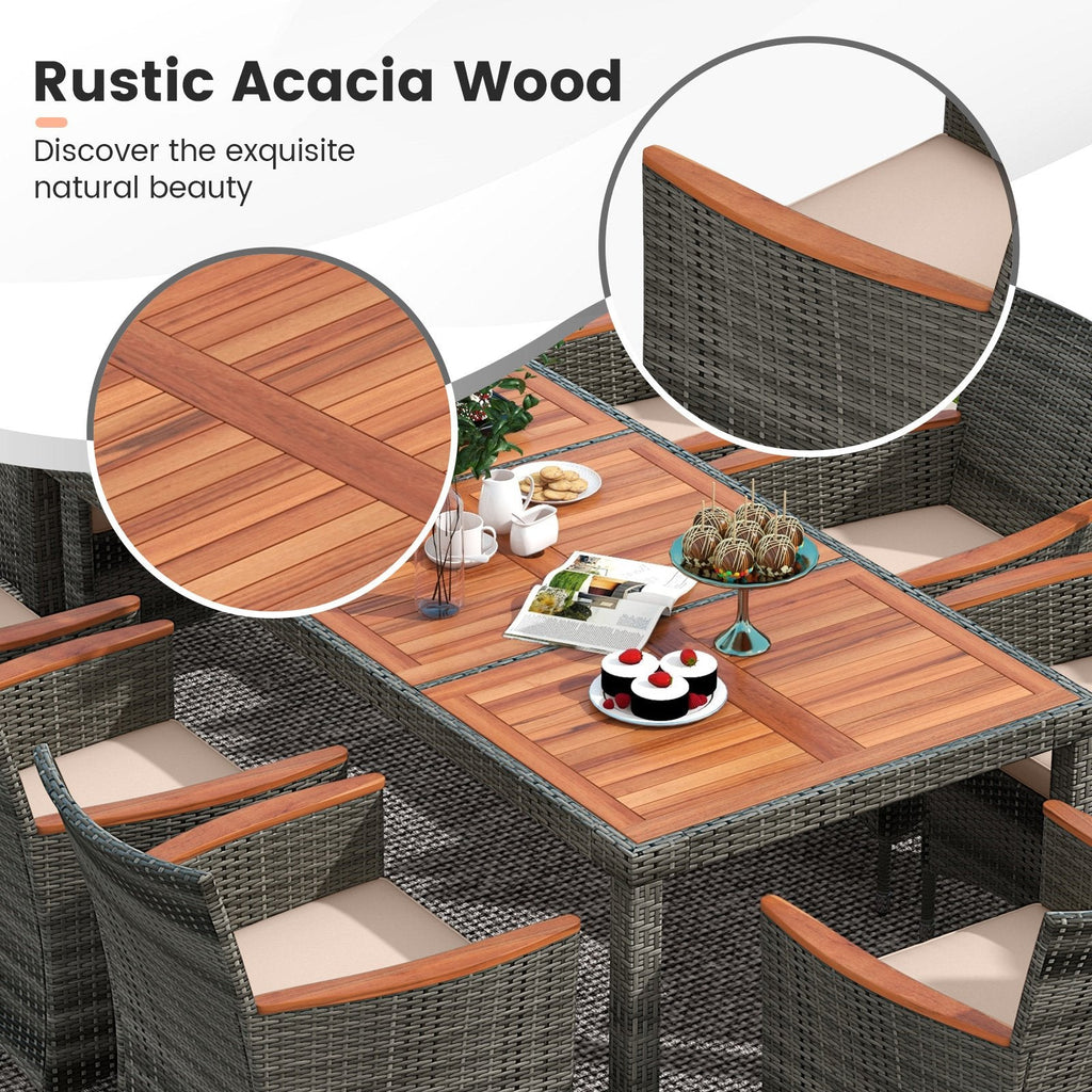 10 Piece Patio Wicker Dining Set with 15 FT Air Vented Red Umbrella, 75 Inch Acacia Table and 8 Cushioned Armchairs