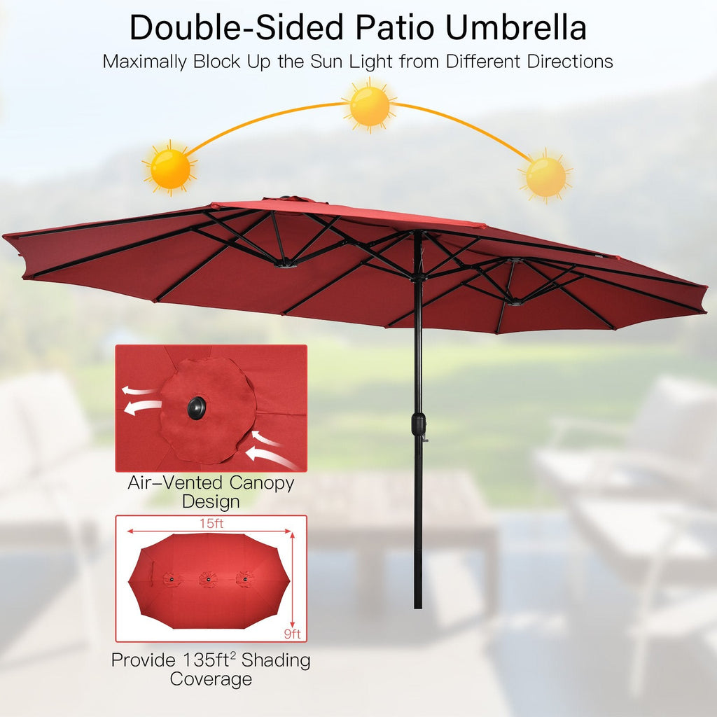 10 Piece Patio Wicker Dining Set with 15 FT Air Vented Red Umbrella, 75 Inch Acacia Table and 8 Cushioned Armchairs