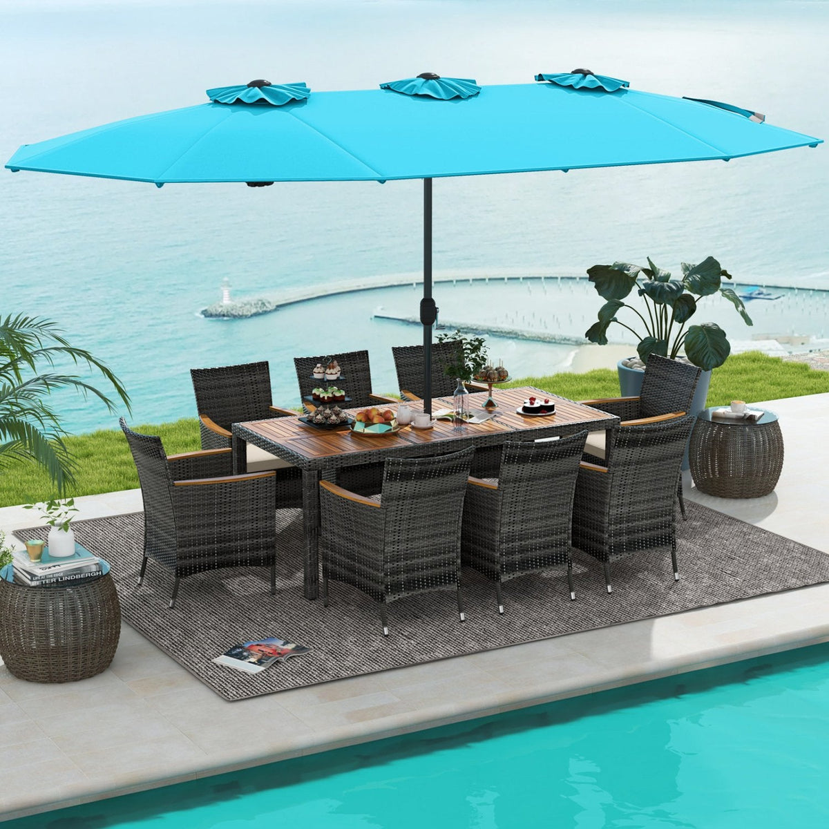 10 Piece Patio Wicker Dining Set with 15 FT Double-Sided Turquoise Umbrella, 75 Inch Acacia Table and 8 Armchairs