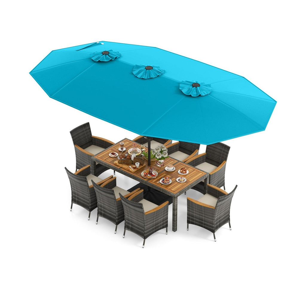 10 Piece Patio Wicker Dining Set with 15 FT Double-Sided Turquoise Umbrella, 75 Inch Acacia Table and 8 Armchairs