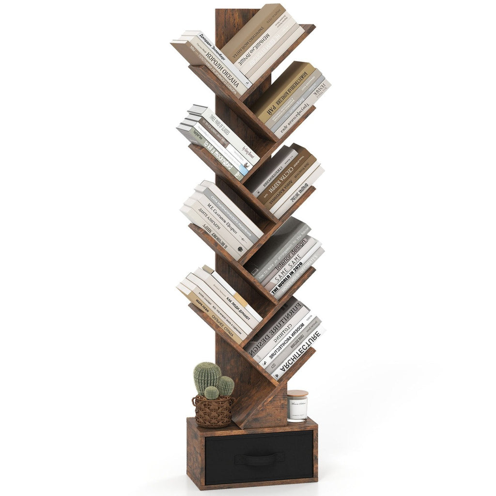 10 Tier Tree Bookshelf with Fabric Drawer, Narrow Bookcase, Rustic Brown