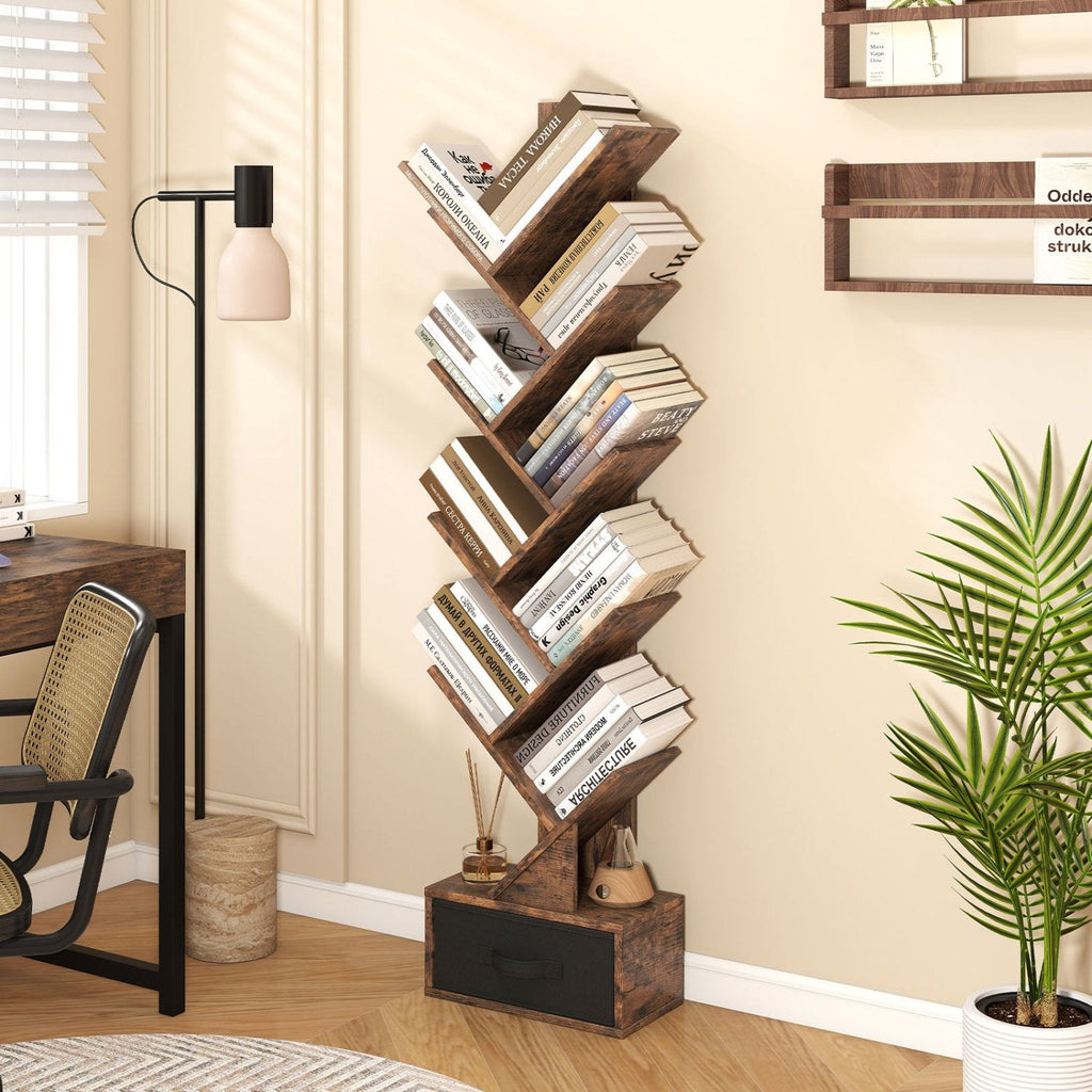 10 Tier Tree Bookshelf with Fabric Drawer, Narrow Bookcase, Rustic Brown